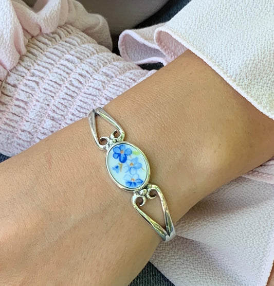 Forget Me Not China Cuff Bracelet, 20th Anniversary Gifts for Wife, Blue Flower Vintage Broken China Jewelry, Sterling Silver
