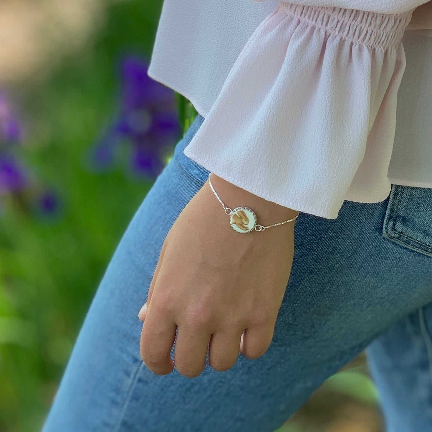 Dainty Bunnykins Bunny Bracelet, Broken China Jewelry, Adjustable Sterling Silver Bracelet
