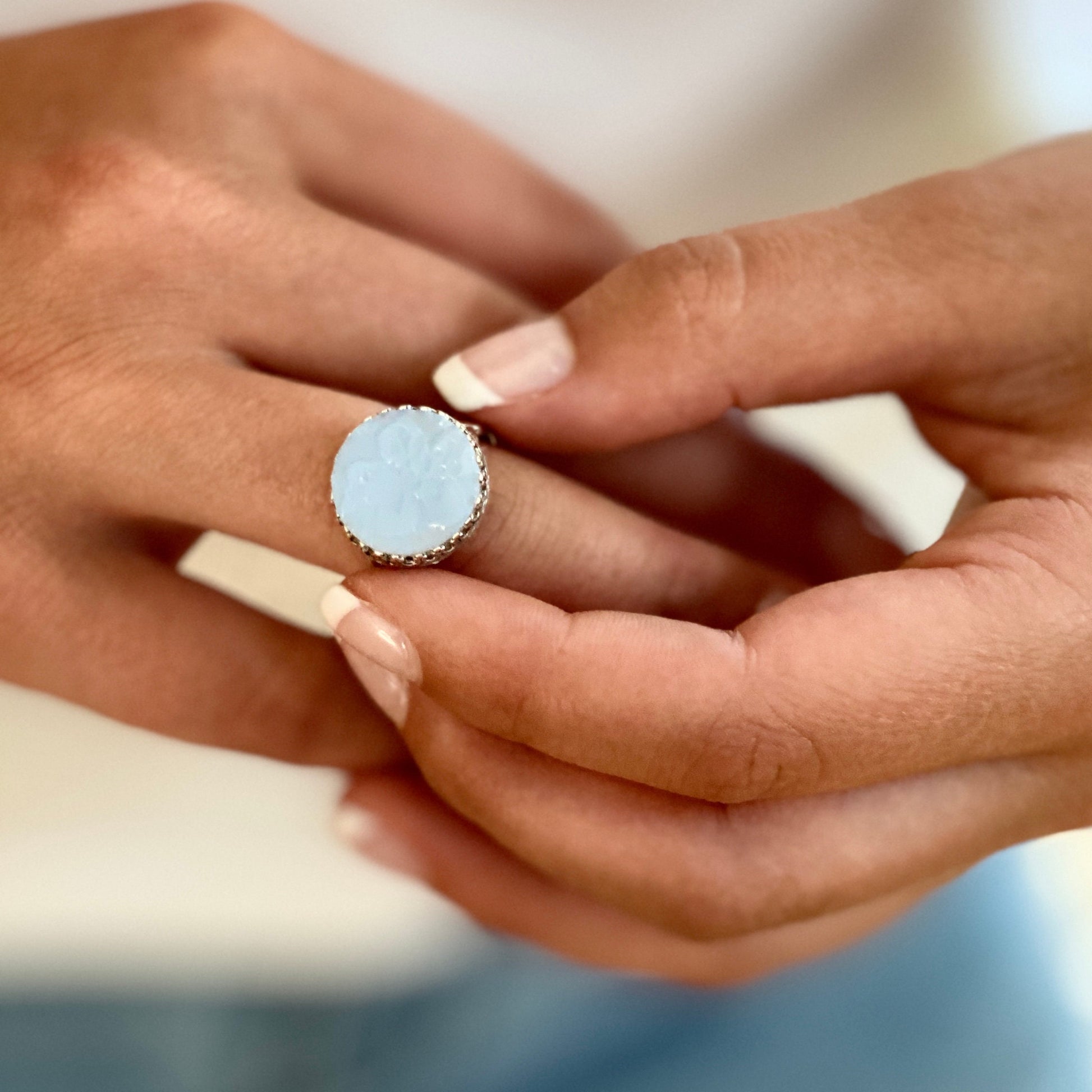 Delphite Cherry Blossom Ring, Vintage Glass Jewelry, Broken China Silver Adjustable Ring, Jeanette Glass,