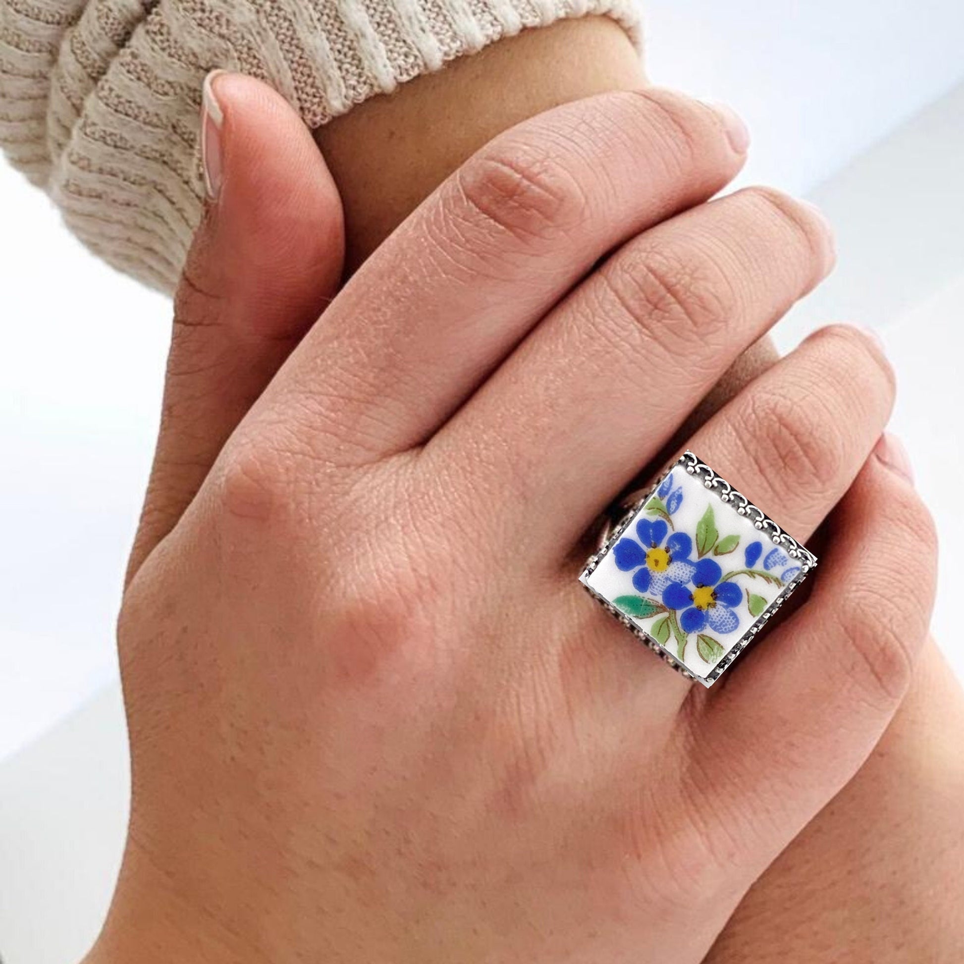 CUSTOM ORDER Square Statement Ring Broken China Jewelry, Made From Your China, Memorial Jewelry, Gift In Memory of Mom or Grandmother