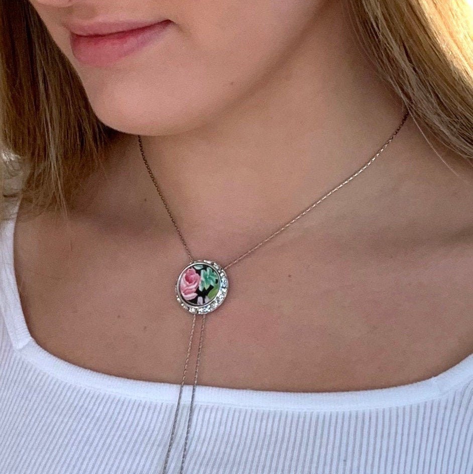 Rose Chintz Bolo Tie for Women, Crystal Necklace, Vintage Broken China Jewelry, Unique Gifts for Women