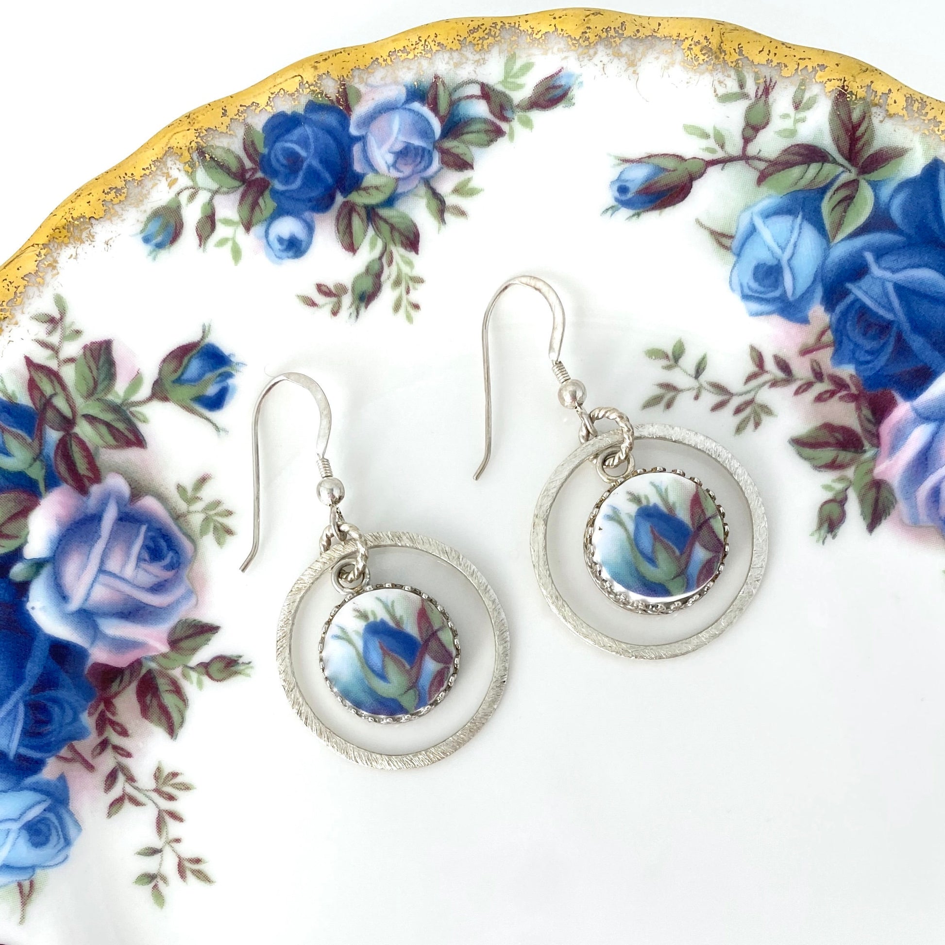 Royal Albert Moonlight Rose Broken China Earrings, 2nd Anniversary Gift for Wife, Unique Gifts for Women