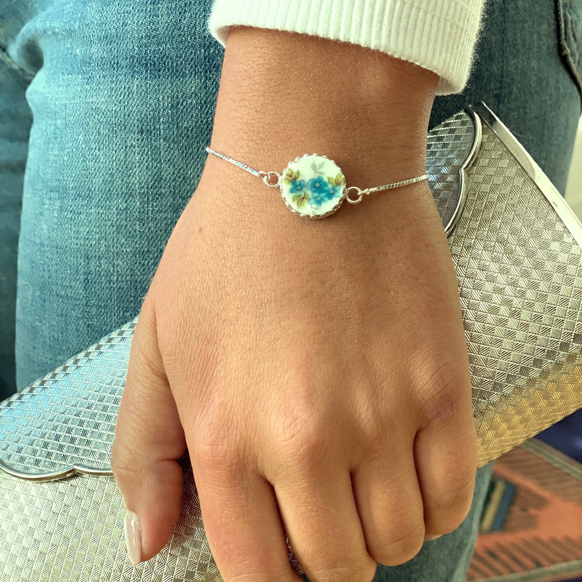 Sterling Silver Forget Me Not Dainty Adjustable Bracelet, Broken China Jewelry Bolo Bracelet, Anniversary Gifts for Women, Love & Friendship
