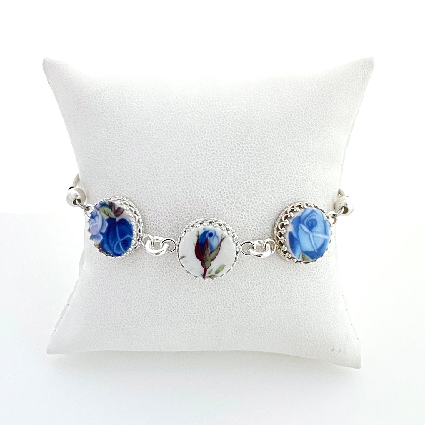 20th Anniversary Broken China Jewelry Gift for Wife, Royal Albert Moonlight Rose China Bracelet, Sterling Silver