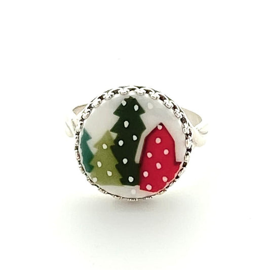 Barn Snow Scene, Christmas Tree Ring, Lenox Sleigh Ride Broken China Jewelry Sterling Silver Ring