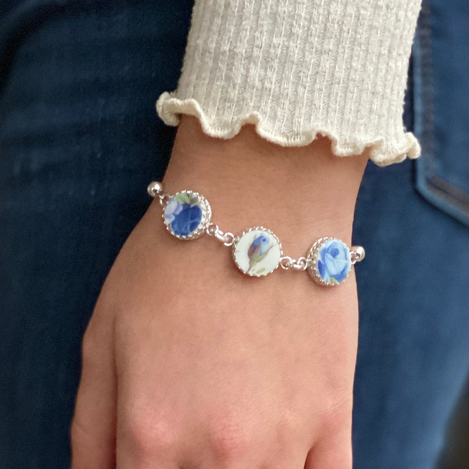 20th Anniversary Broken China Jewelry Gift for Wife, Royal Albert Moonlight Rose China Bracelet, Sterling Silver