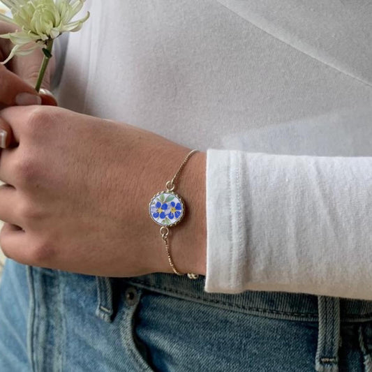 Forget Me Not Bracelet, Adjustable Bolo Bracelet, Broken China Jewelry, Unique Christmas Gifts for Women, Stocking Stuffer, Gift for Wife