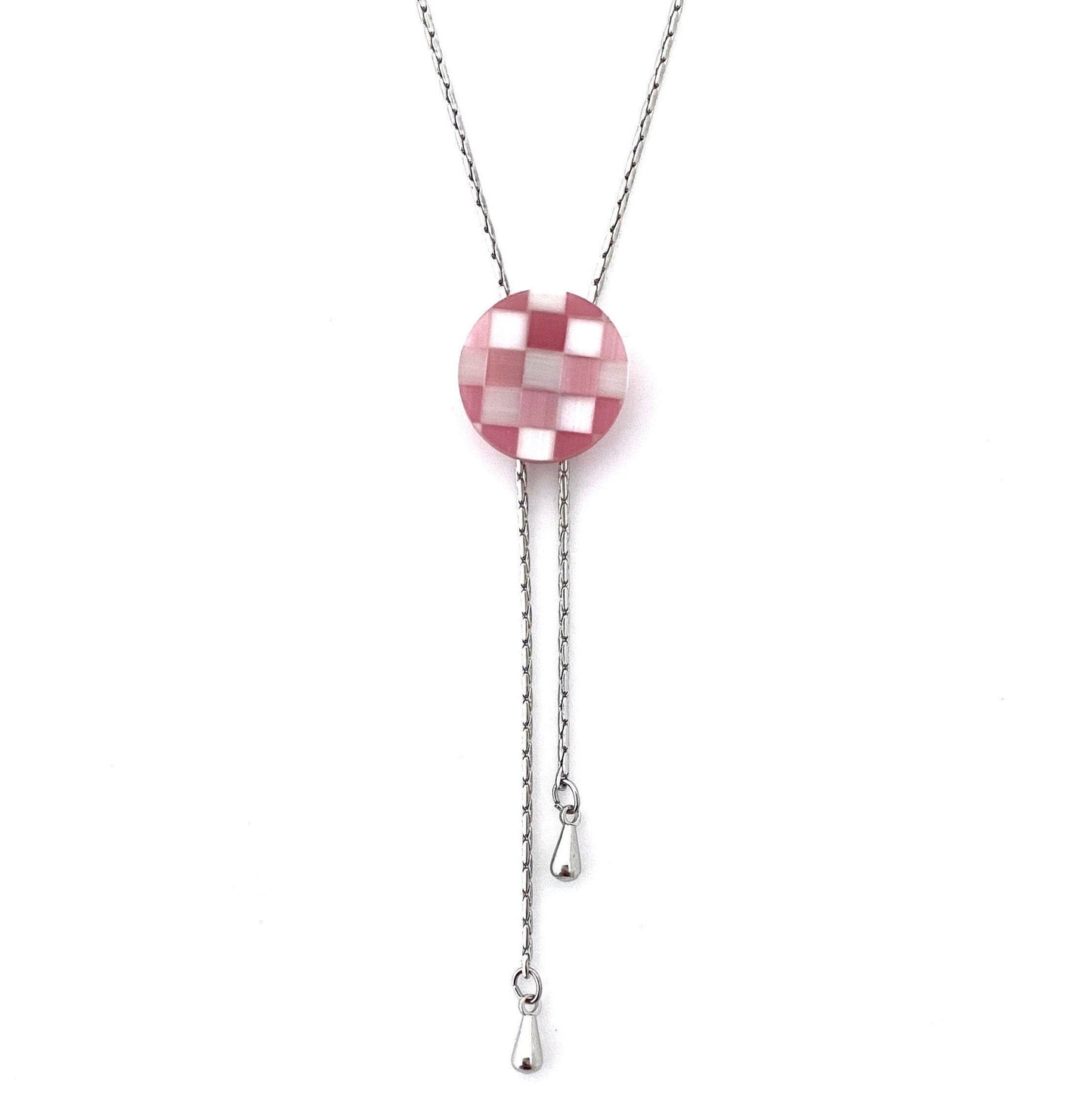 Pink Mother of Pearl Bolo Necklace, Checkered Shell, Silver Tone Chain, Adjustable Length