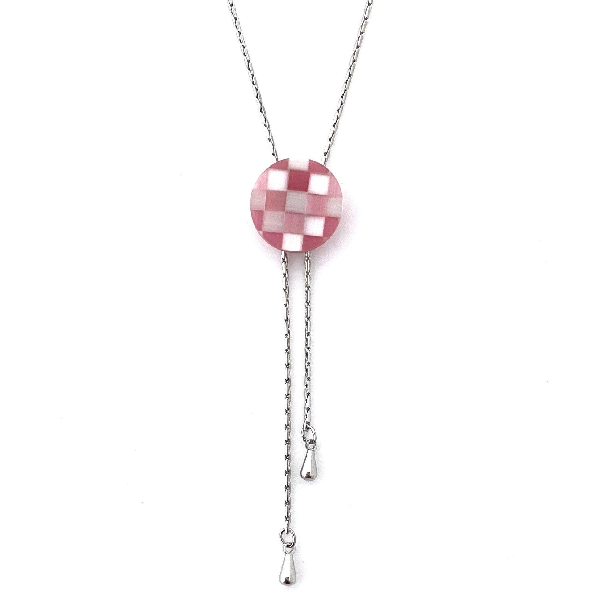 Pink Mother of Pearl Bolo Necklace, Checkered Shell, Silver Tone Chain, Adjustable Length