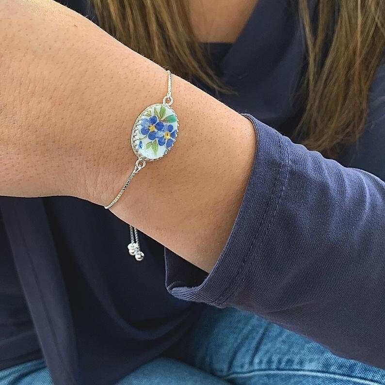 Dainty Forget Me Not Silver Bracelet, Adjustable Bolo Bracelet, Broken China Jewelry, Forget Me Not, 20th Anniversary Gift for Wife