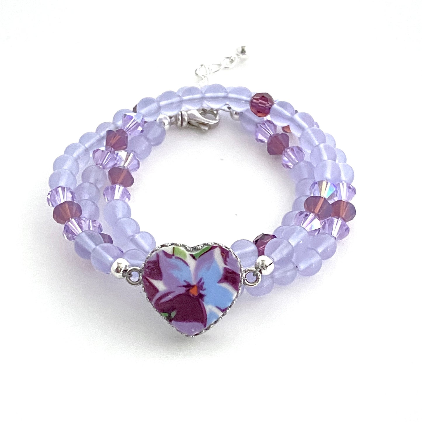 Broken China Jewelry, Unique Handmade Gemstone Wrap Bracelet, Purple Violet Flower Heart Charm, Vintage English China, Gifts for Women