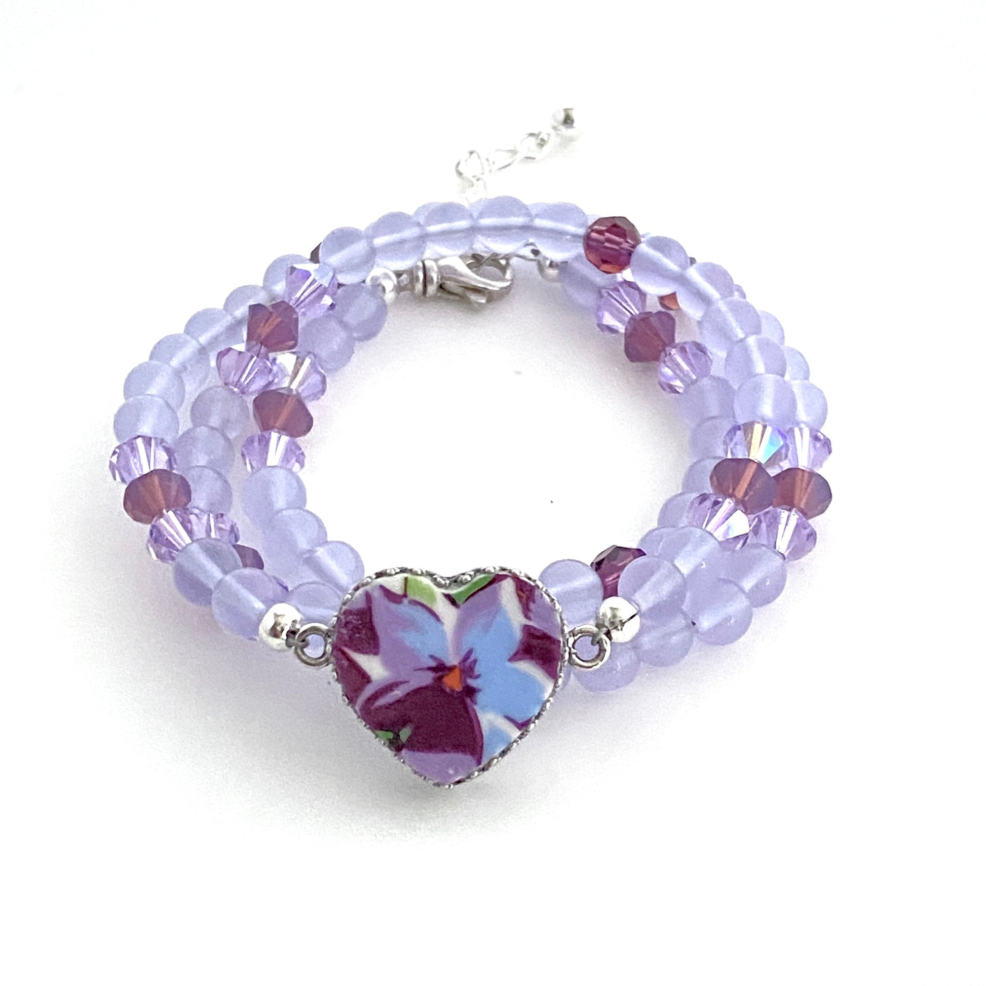 Broken China Jewelry, Unique Handmade Gemstone Wrap Bracelet, Purple Violet Flower Heart Charm, Vintage English China, Gifts for Women