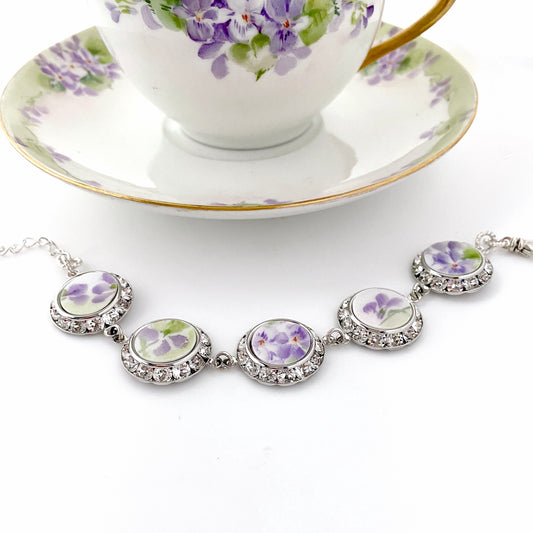 18th or 20th Anniversary Gift for Wife, French Limoges China Bracelet, Porcelain and Crystal Broken China Jewelry