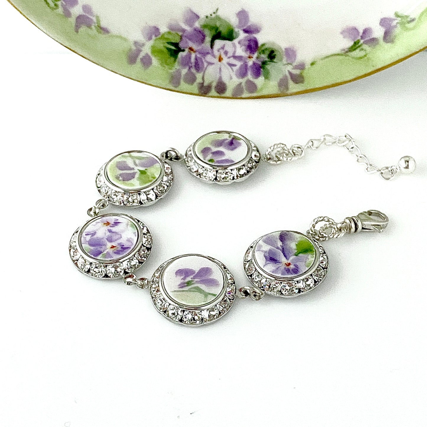 18th or 20th Anniversary Gift for Wife, French Limoges China Bracelet, Porcelain and Crystal Broken China Jewelry