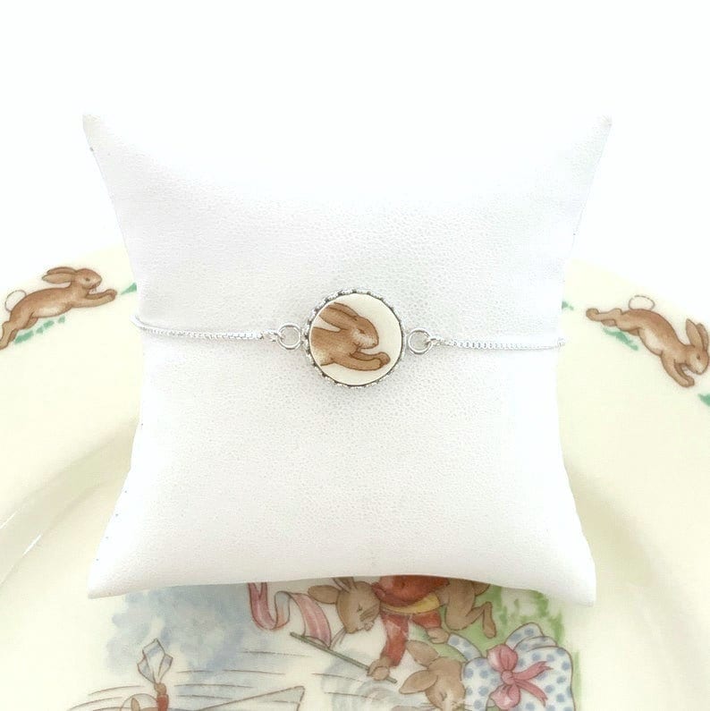Dainty Bunnykins Bunny Bracelet, Broken China Jewelry, Adjustable Sterling Silver Bracelet
