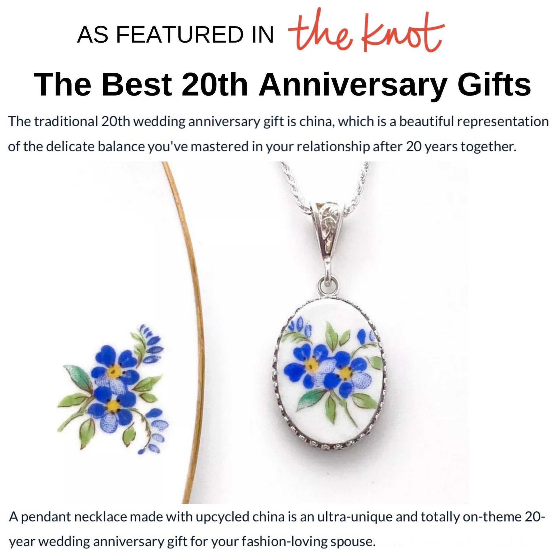 14K Gold Forget Me Not China Pendant, 20th Anniversary Gift for Wife, Broken China Jewelry, Unique 50th Anniversary Gifts for Women