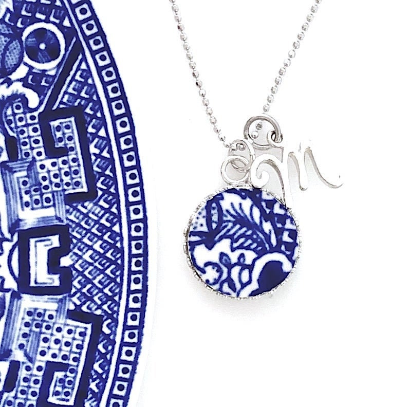 Adjustable Blue Willow Dainty Initial Necklace, Personalized Gifts, Broken China Jewelry, Unique Gifts for Women, Silver Letter Necklace