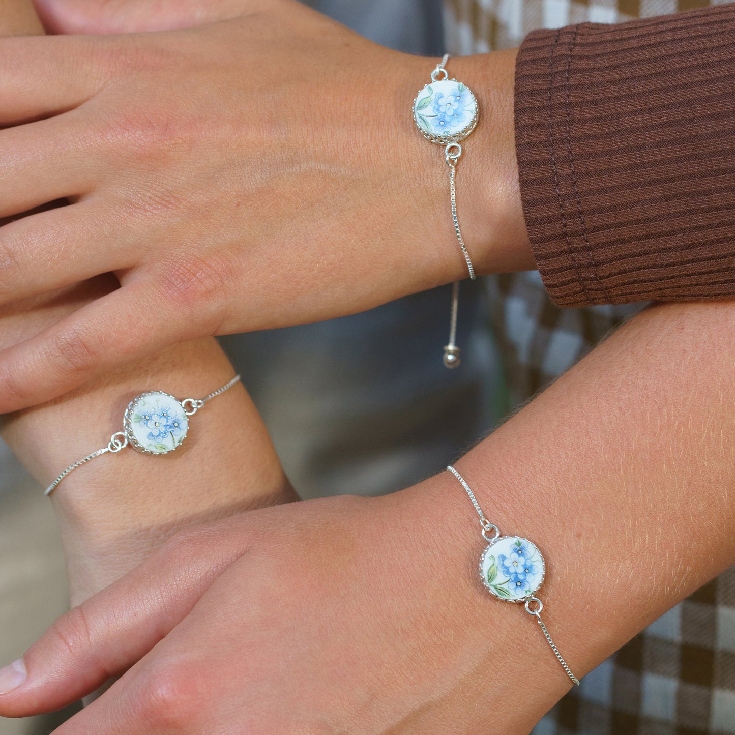 Unique Sister Gift, Dainty Sterling Silver Bracelet Bolo Bracelet, Broken China Jewelry, Forget Me Not, Family Jewelry GIfts