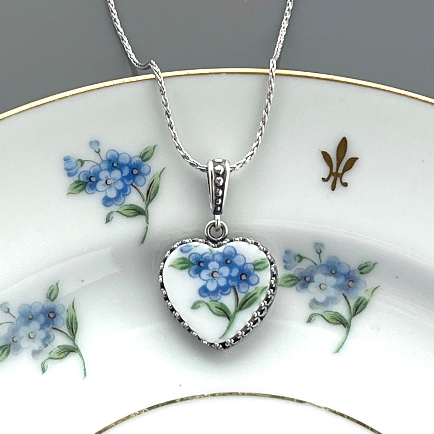 20th Anniversary China Gift for Wife, Sterling Silver Forget Me Not Necklace, Romantic Broken China Jewelry, Handmade Heart Necklace