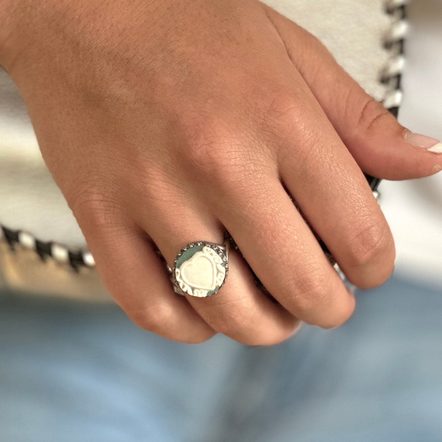 Wedgwood Jasperware Heart Ring, Broken China Jewelry, Adjustable Silver Ring, Unique Gifts for Women