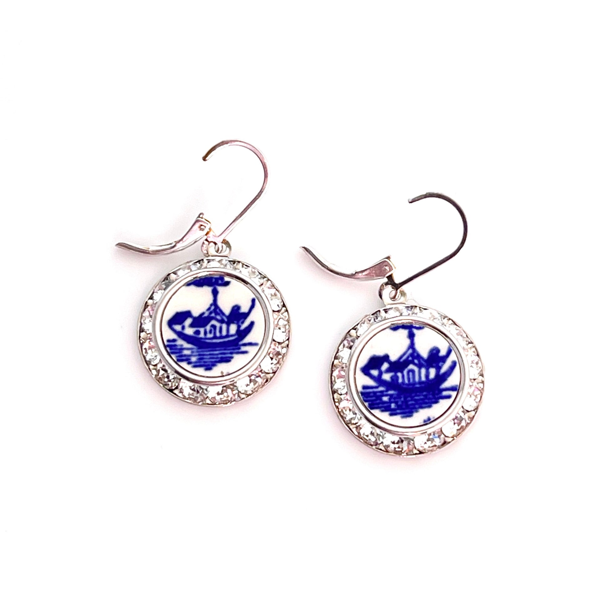 Vintage Blue Willow Ware China Earrings, Nautical Broken China Jewelry Crystal Earrings