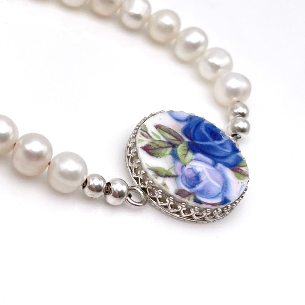 Freshwater Pearl Blue Rose Bracelet, Royal Albert Moonlight Rose Broken China Jewelry, 18th and 20th Wedding Anniversary Gift for Wife