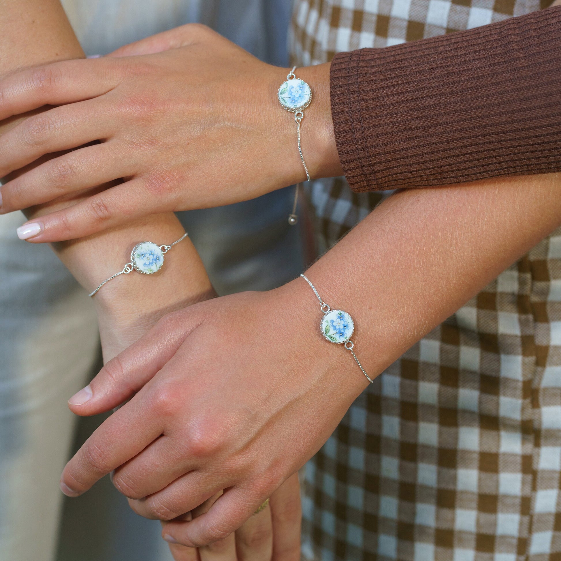 Unique Sister Gift, Dainty Sterling Silver Bracelet Bolo Bracelet, Broken China Jewelry, Forget Me Not, Family Jewelry GIfts