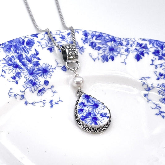 Shelley China Vintage Necklace, 20th Anniversary Gift for Wife, Blue Broken China Jewelry, Silver Pearl Necklace, Unique Gifts for Women