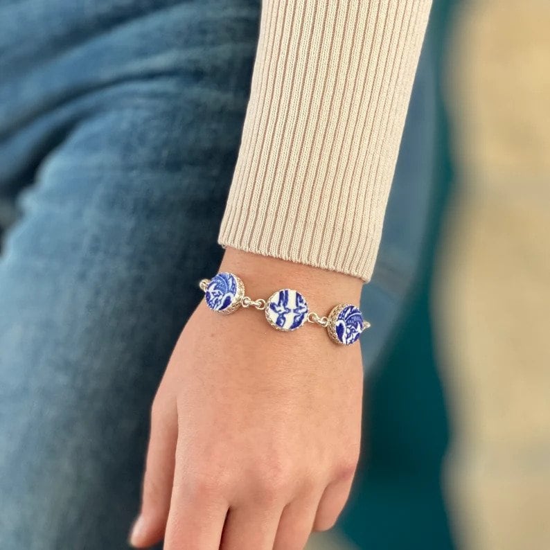 Love Birds Blue Willow Broken China Jewelry Set, Romantic 20th Anniversary Gift for Wife