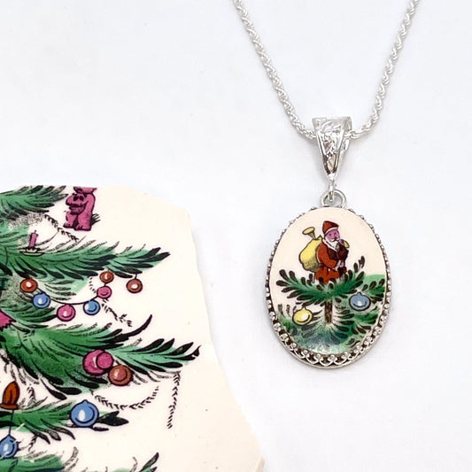 Christmas Broken China Necklace, Spode Christmas Tree, Unique Christmas Gifts for Wife, Santa Jewelry Gifts for Women