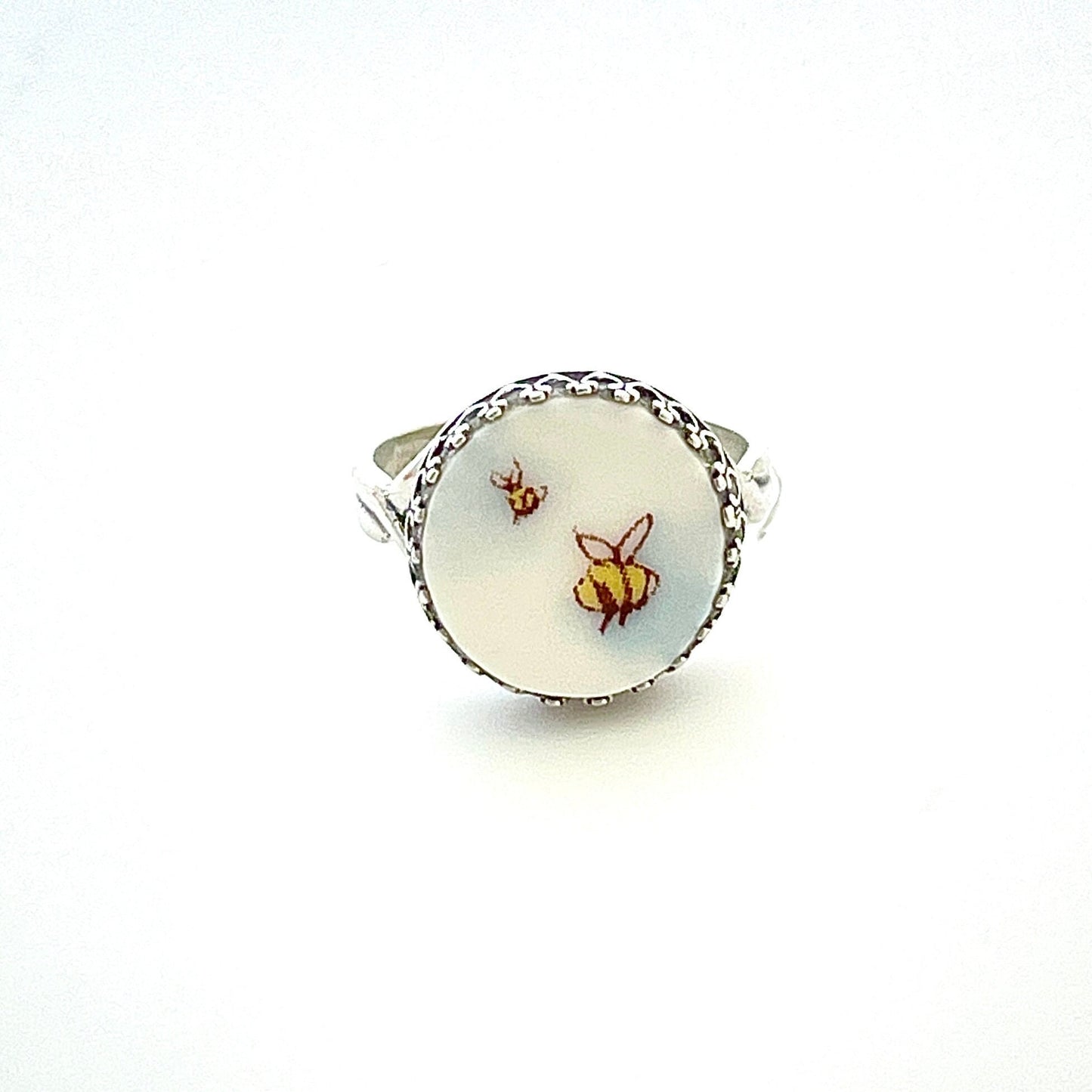 Honey Bee Ring, Insect Jewelry, Dainty Sterling Silver Ring, Bumble Bee Broken China Jewelry, Unique Gifts for Women