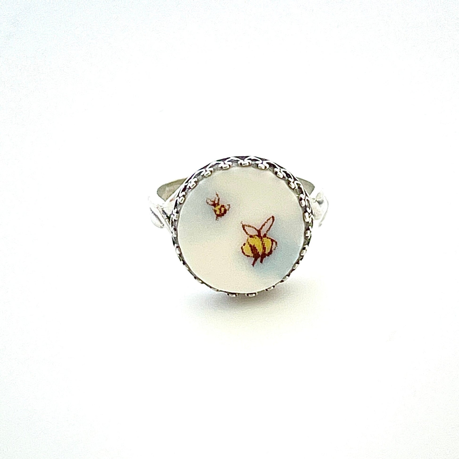Honey Bee Ring, Insect Jewelry, Dainty Sterling Silver Ring, Bumble Bee Broken China Jewelry, Unique Gifts for Women