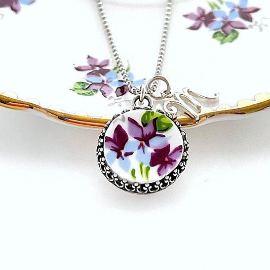 Purple Violets Flower Initial Necklace, Personalized Birthday Gifts, Dainty and Adjustable Necklace, Broken China Jewelry