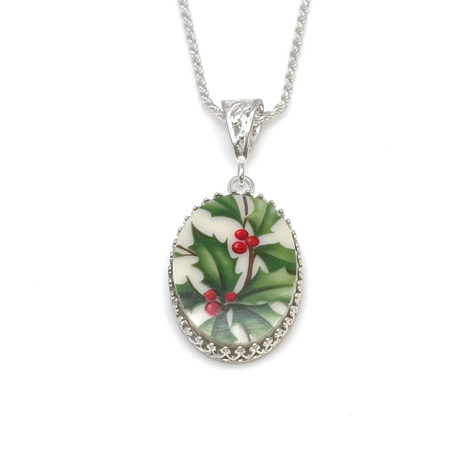 Holly Lenox Holiday Broken China Necklace, Christmas Gift, Sterling Silver