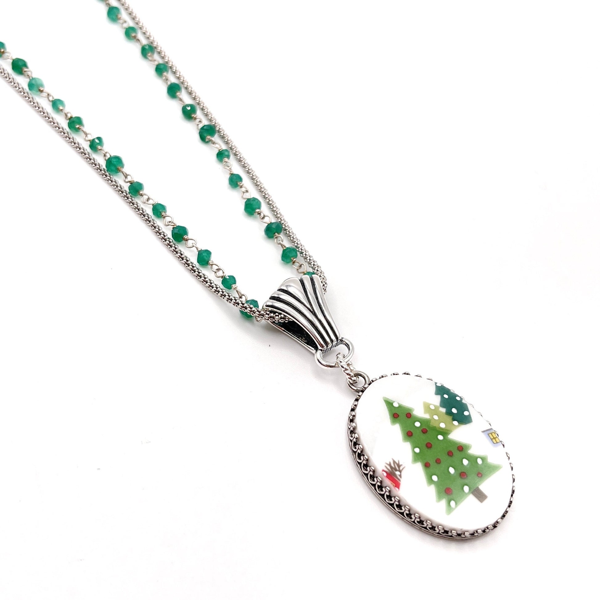 Green Onyx Long Christmas Tree Necklace, Sterling Silver Broken China Jewelry, Lenox Sleigh Ride Christmas Gift for Wife