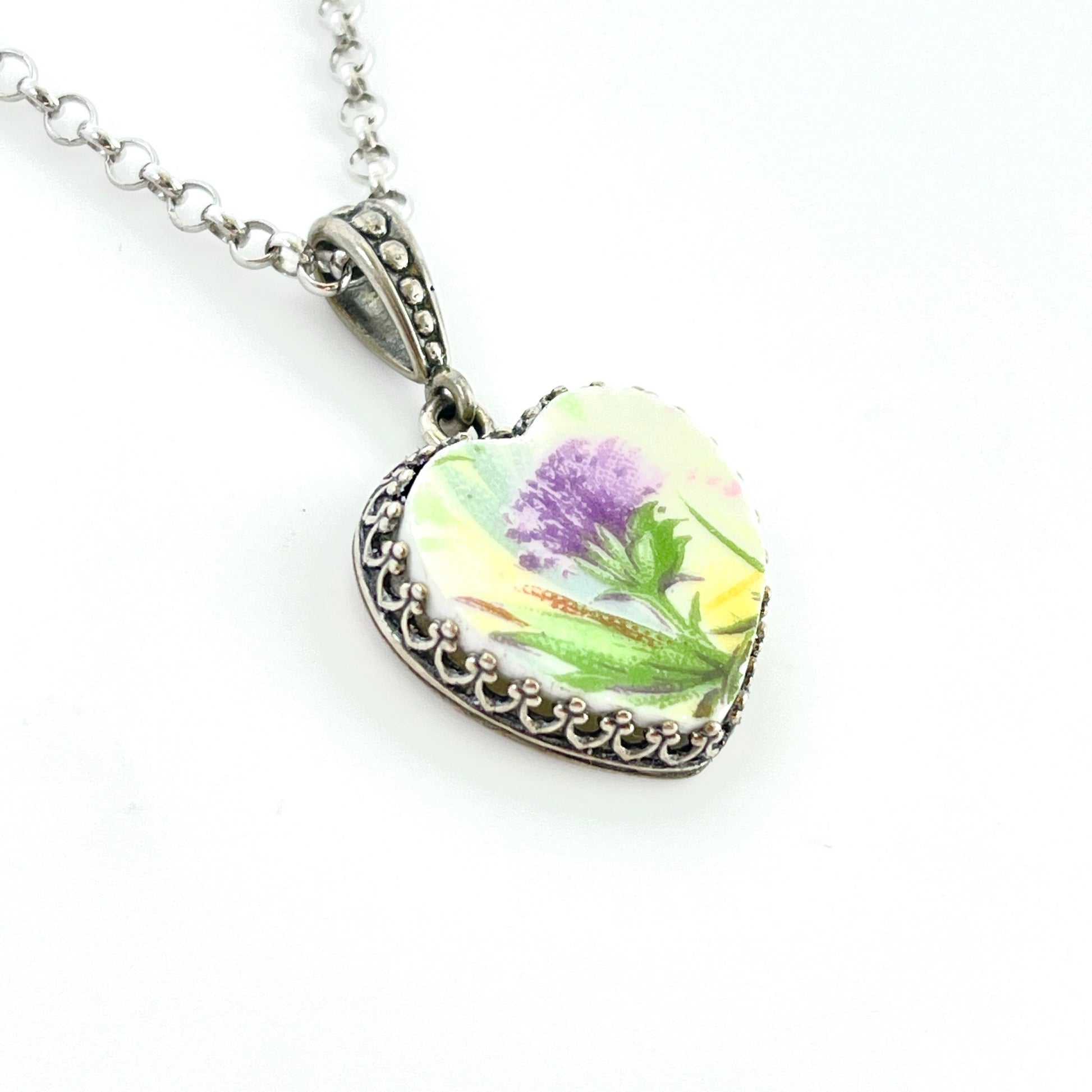 Scottish Thistle Broken China Jewelry, Heart Pendant Necklace, Handmade Jewelry, Anniversary Gifts for Women