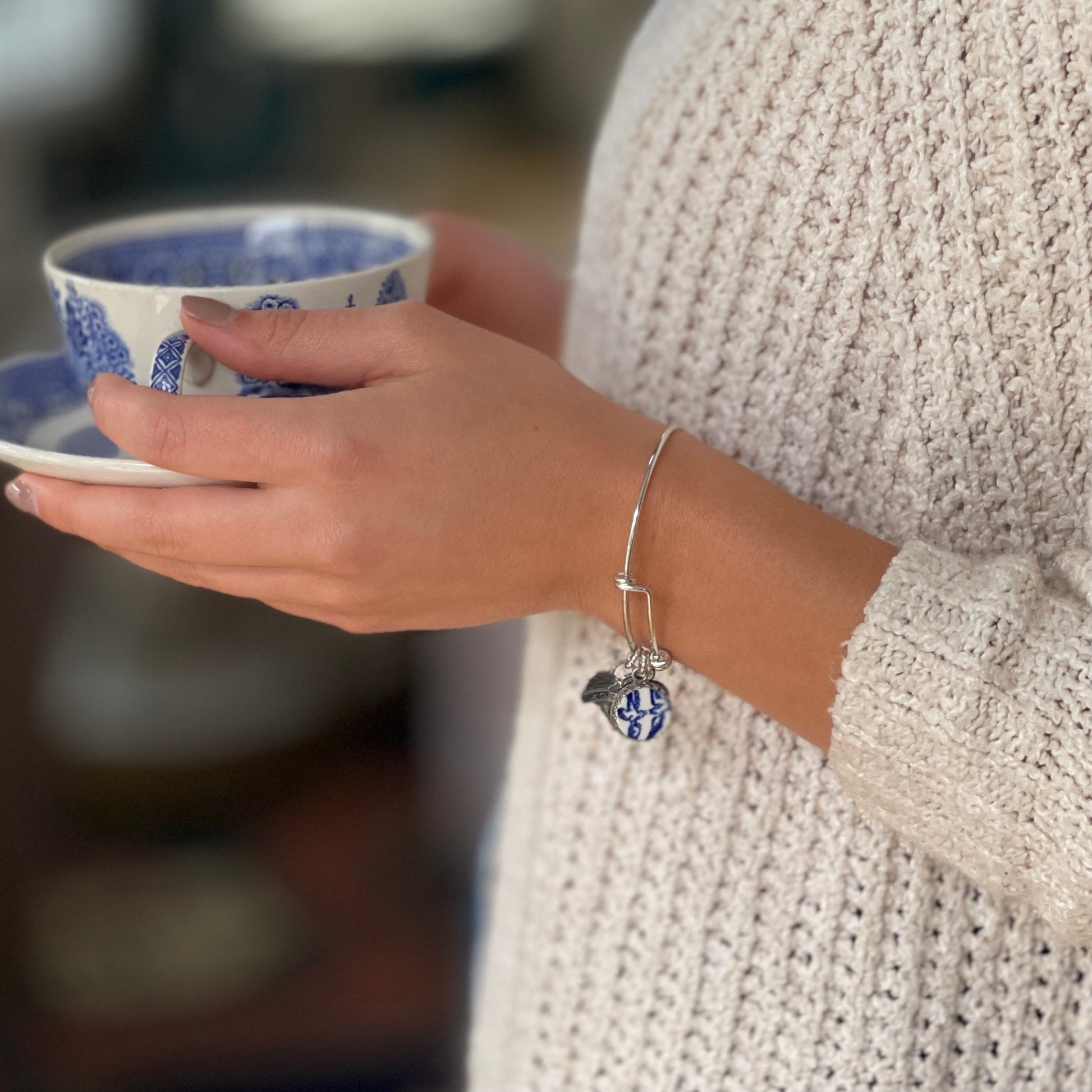 Blue Willow Love Birds Bangle Bracelet, Romantic 9th Anniversary Gift for Wife, Adjustable Sterling Silver Bracelet, Broken China Jewelry