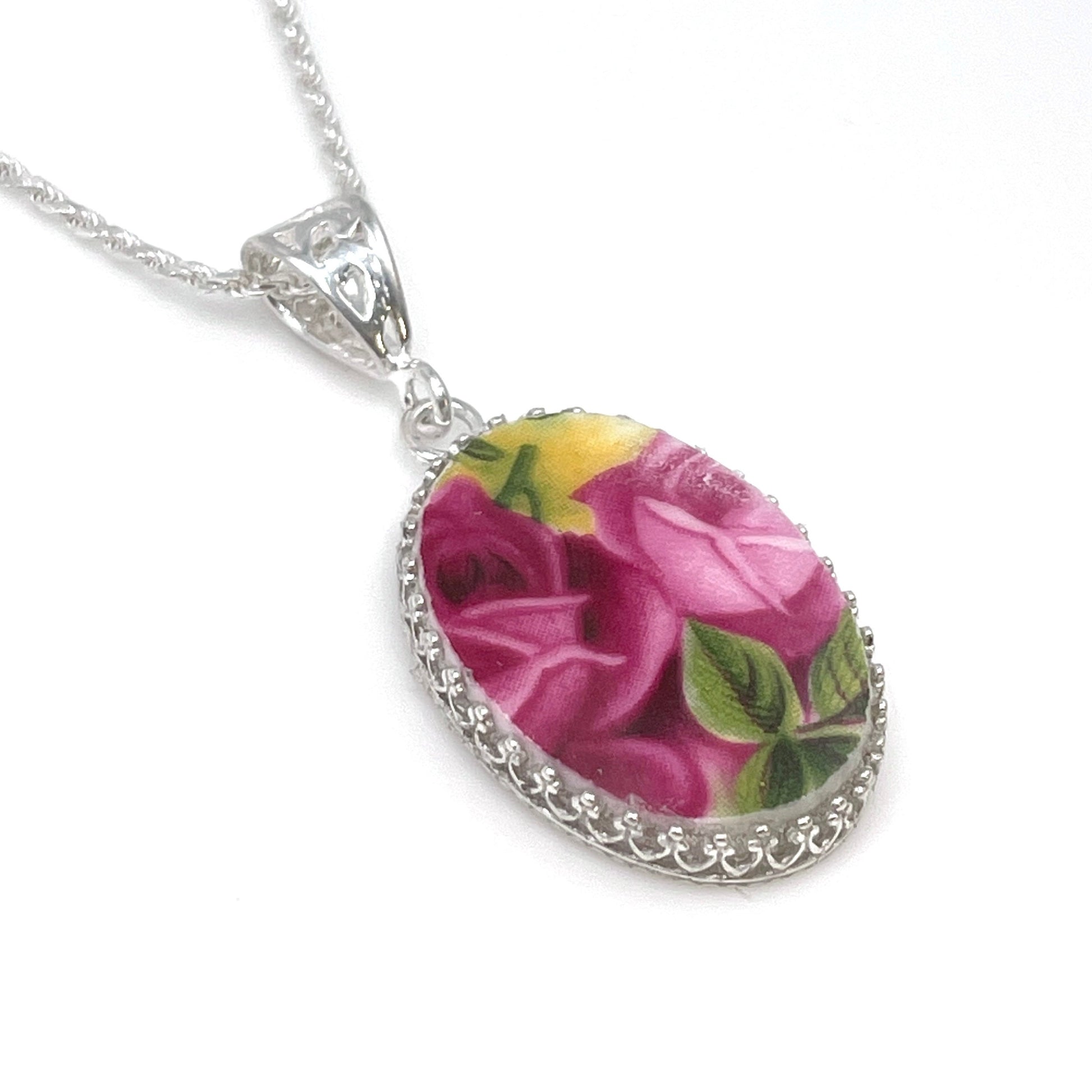 Royal Albert Broken China Jewelry, 20th Anniversary Gift for Wife, Sterling Silver Necklace, Old Country Roses Jewelry