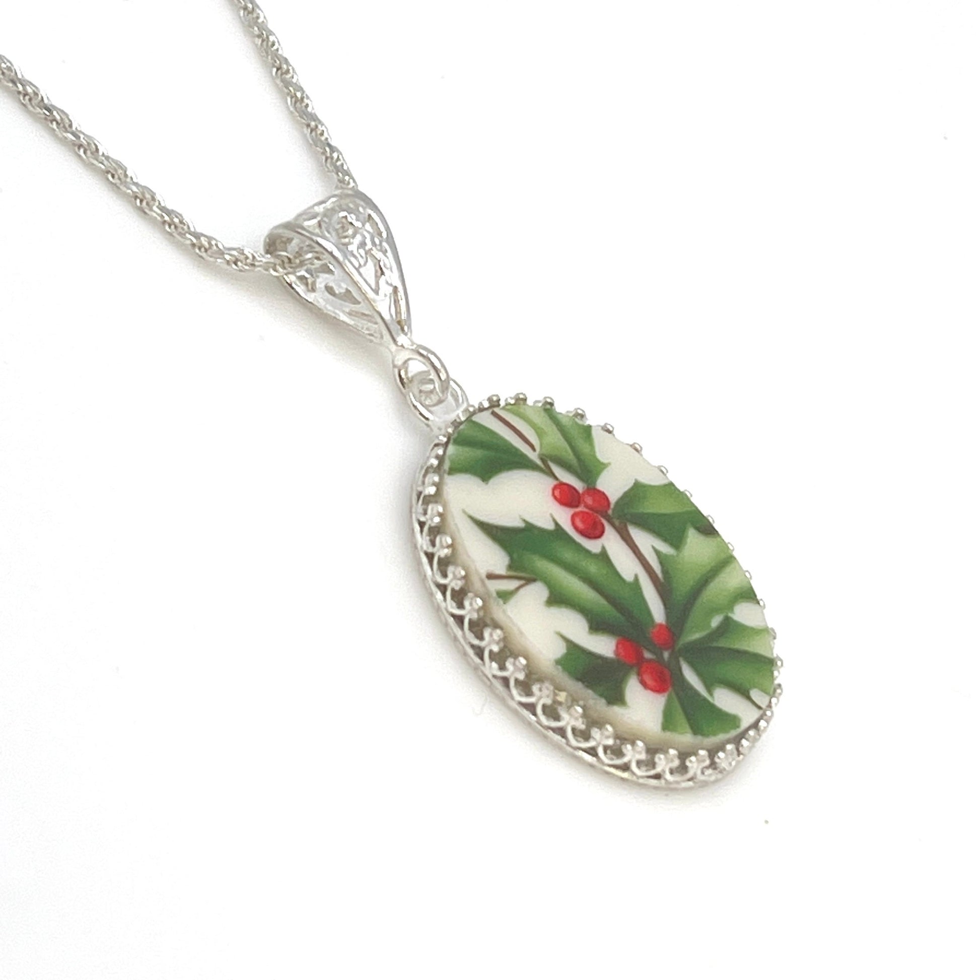 Holly Lenox Holiday Broken China Necklace, Christmas Gift, Sterling Silver