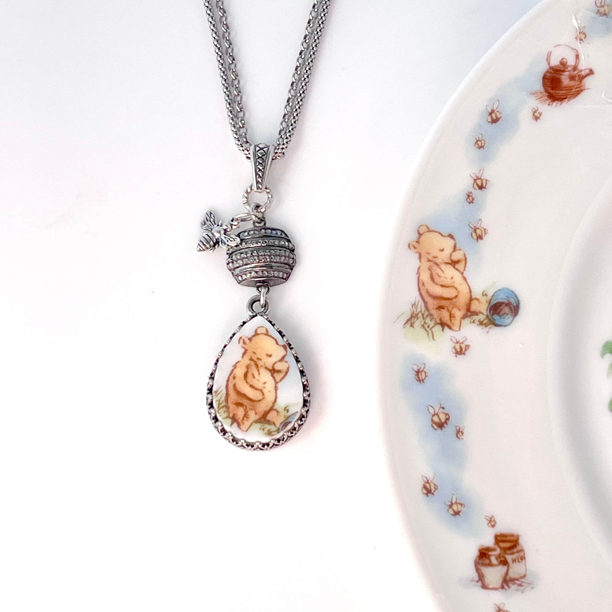 Pave Diamond Winnie The Pooh and Bee Necklace, Vintage Pooh Bear Broken China Jewelry, Sterling Silver, Unique Gifts for Women