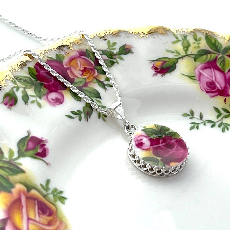 Red Rose Necklace, Royal Albert Broken China Jewelry, 20th Anniversary Gift for Wife, Handmade Jewelry, Unique Gifts for Women