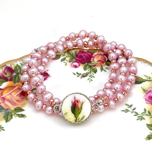 Royal Albert Old Country Roses Pearl Bracelet, Broken China Jewelry, Unique Anniversary Gift for Wife, Sterling Silver