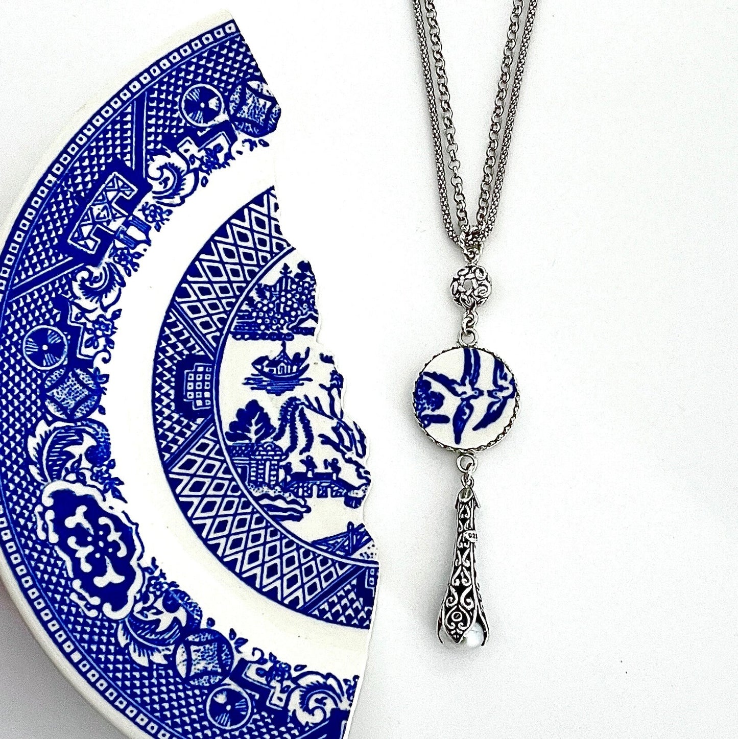 Vintage Blue Willow Broken China Jewelry Love Birds 20th Anniversary Gift for Wife