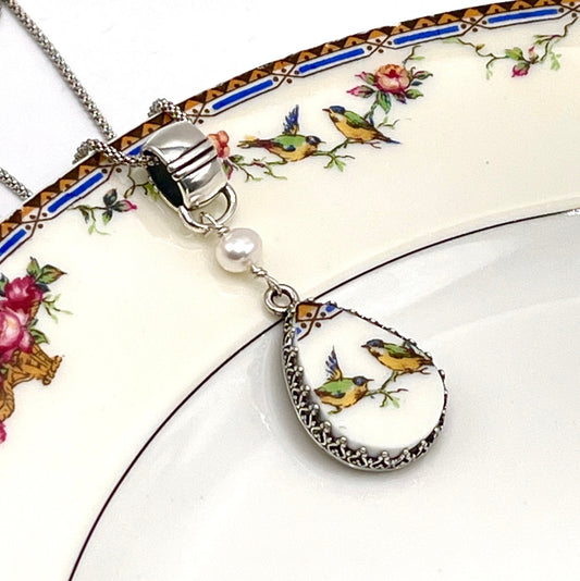 Repurposed French China Love Birds Necklace, Sterling Silver, Traditional 20th Anniversary Gift for Wife