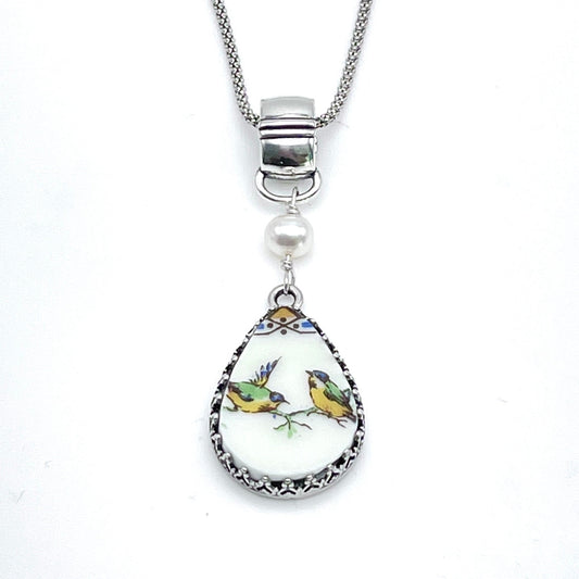 Love Birds 18th Anniversary Necklace, Antique French Porcelain Jewelry, Traditional Keepsake Gift for Wife