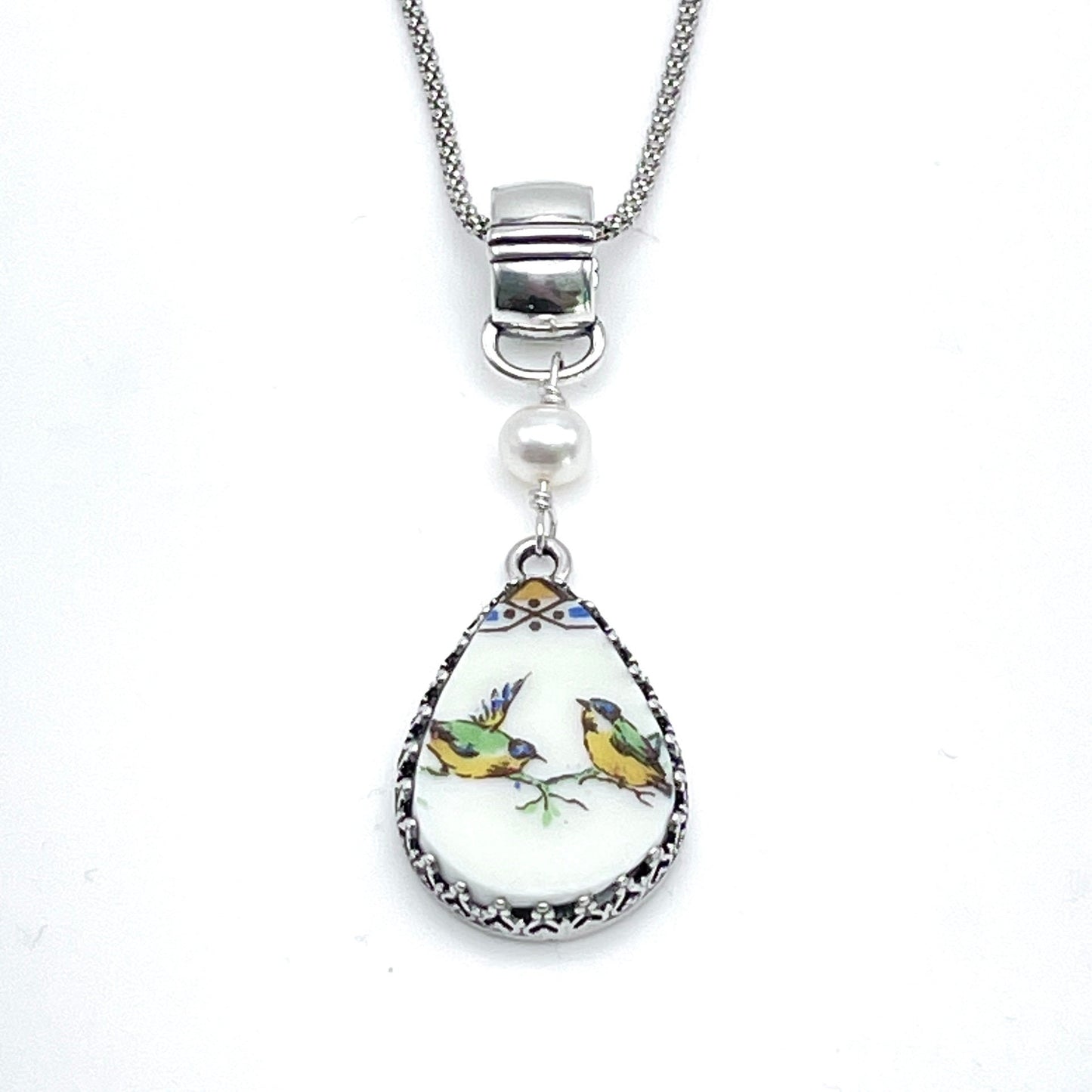 Repurposed French China Love Birds Necklace, Sterling Silver, Traditional 20th Anniversary Gift for Wife
