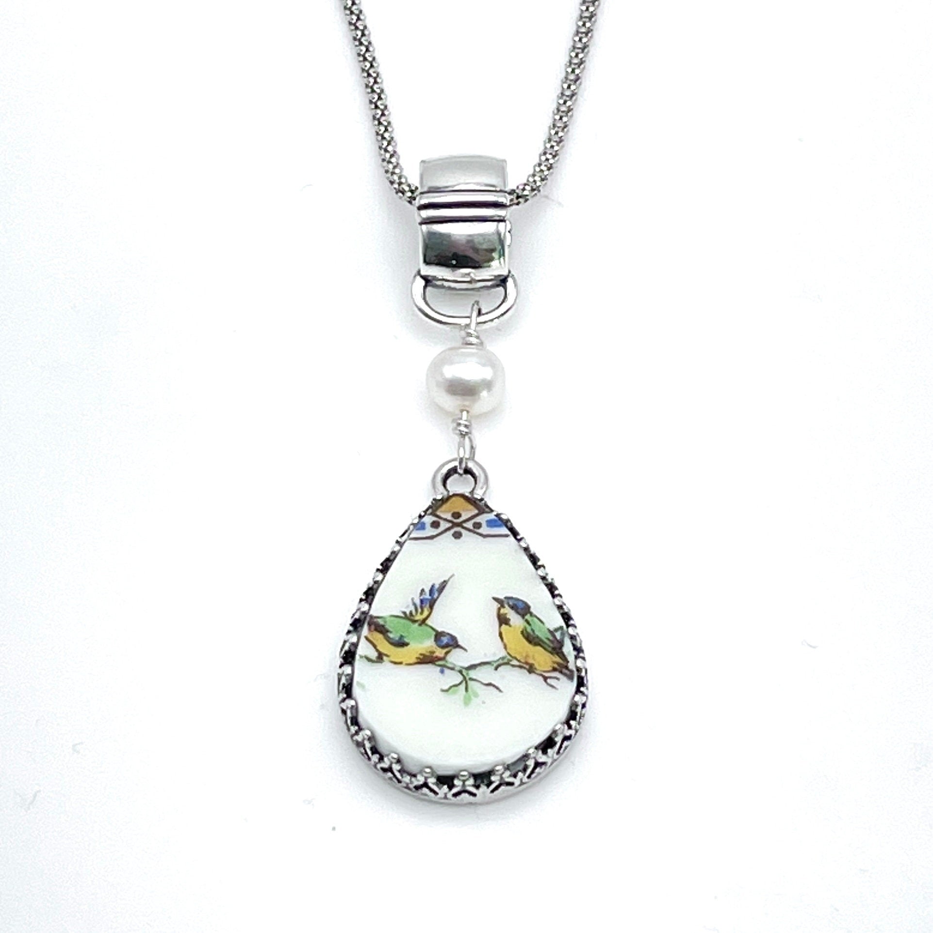 Repurposed French China Love Birds Necklace, Sterling Silver, Traditional 20th Anniversary Gift for Wife