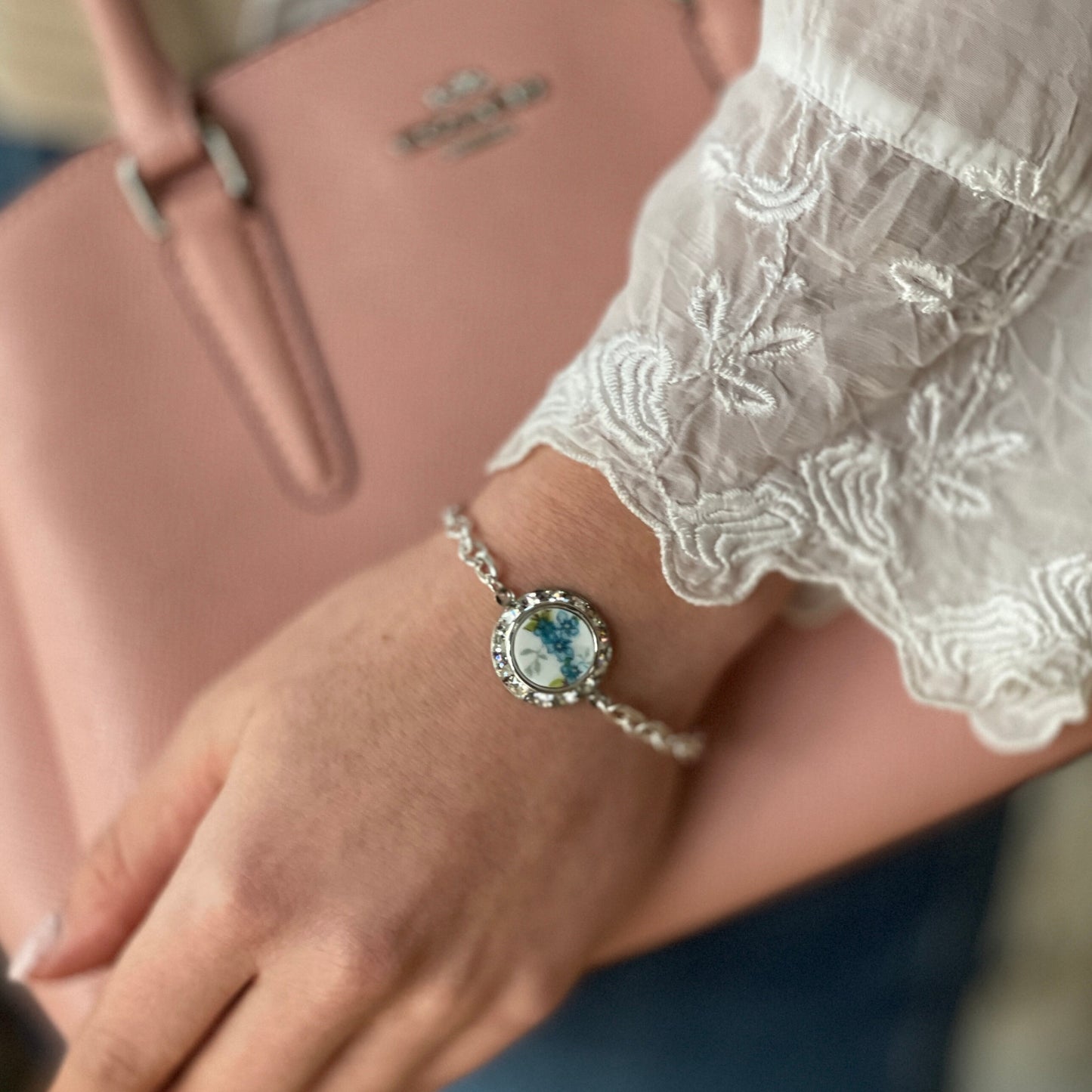 Magnetic Clasp Bracelet, Vintage Forget Me Not China, Unique Gifts for Women, Aqua Blue Flower