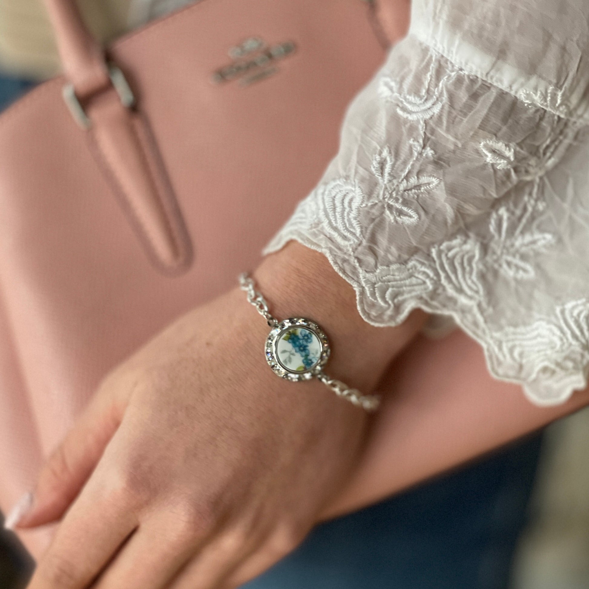 Magnetic Clasp Bracelet, Vintage Forget Me Not China, Unique Gifts for Women, Aqua Blue Flower