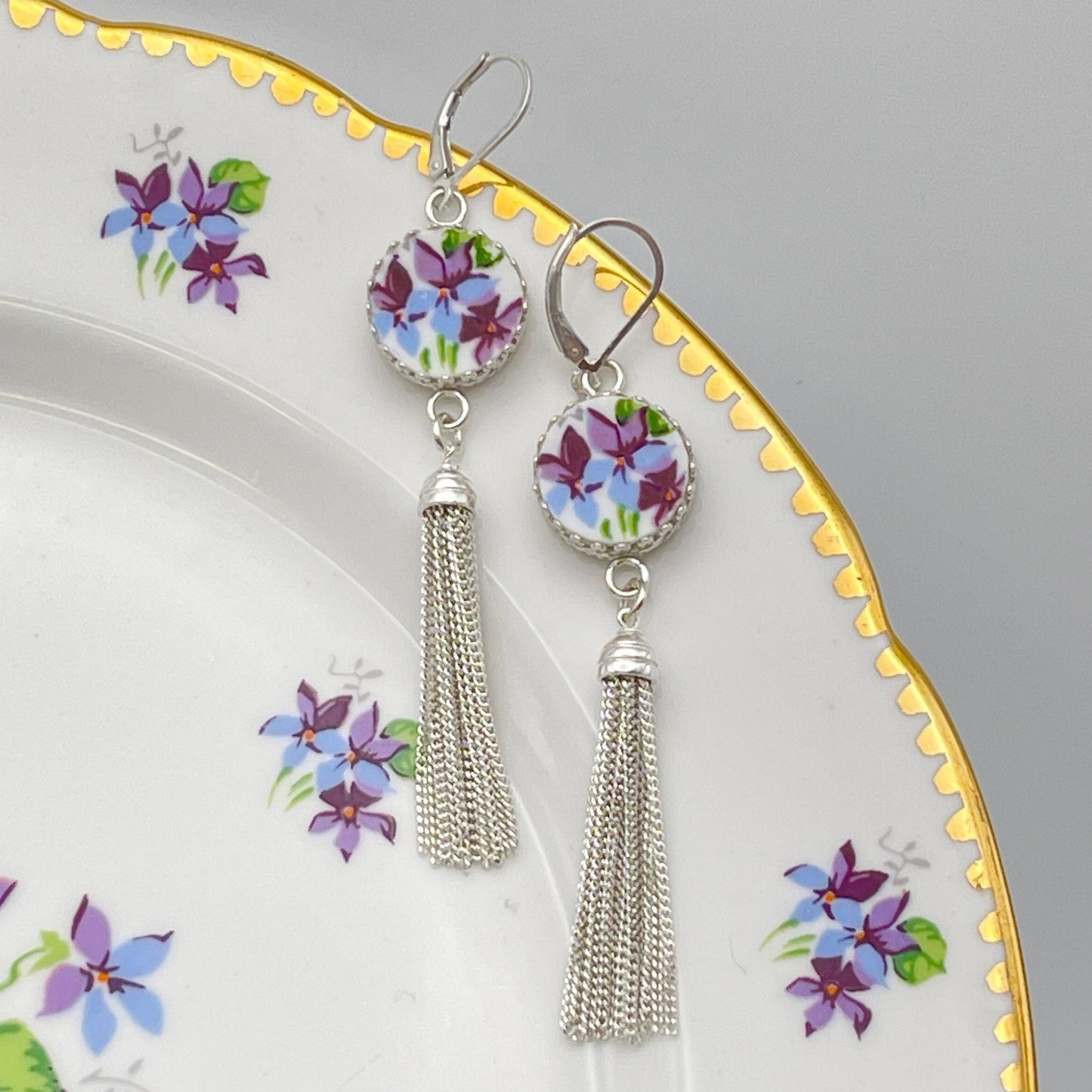CUSTOM ORDER Silver Tassel China Earrings, Broken China Jewelry, Anniversary Gift for Wife, Made From Your China, Custom Family Jewelry